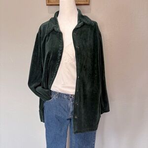 Vintage Mountain Lake Green Velour Button Down Shirt | Petite Medium | Y2K 90s
